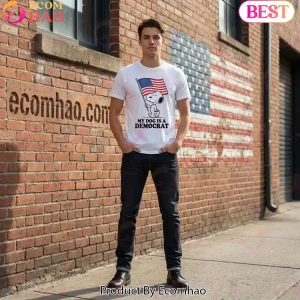 Snoopy My Dog Is A Democrat Patriotic American Flag Double Sided Graphic T-Shirt