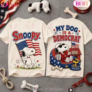 Snoopy My Dog Is A Democrat Patriotic American Flag Double Sided Graphic T-Shirt