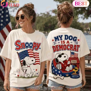 Snoopy My Dog Is A Democrat Patriotic American Flag Double Sided Graphic T-Shirt