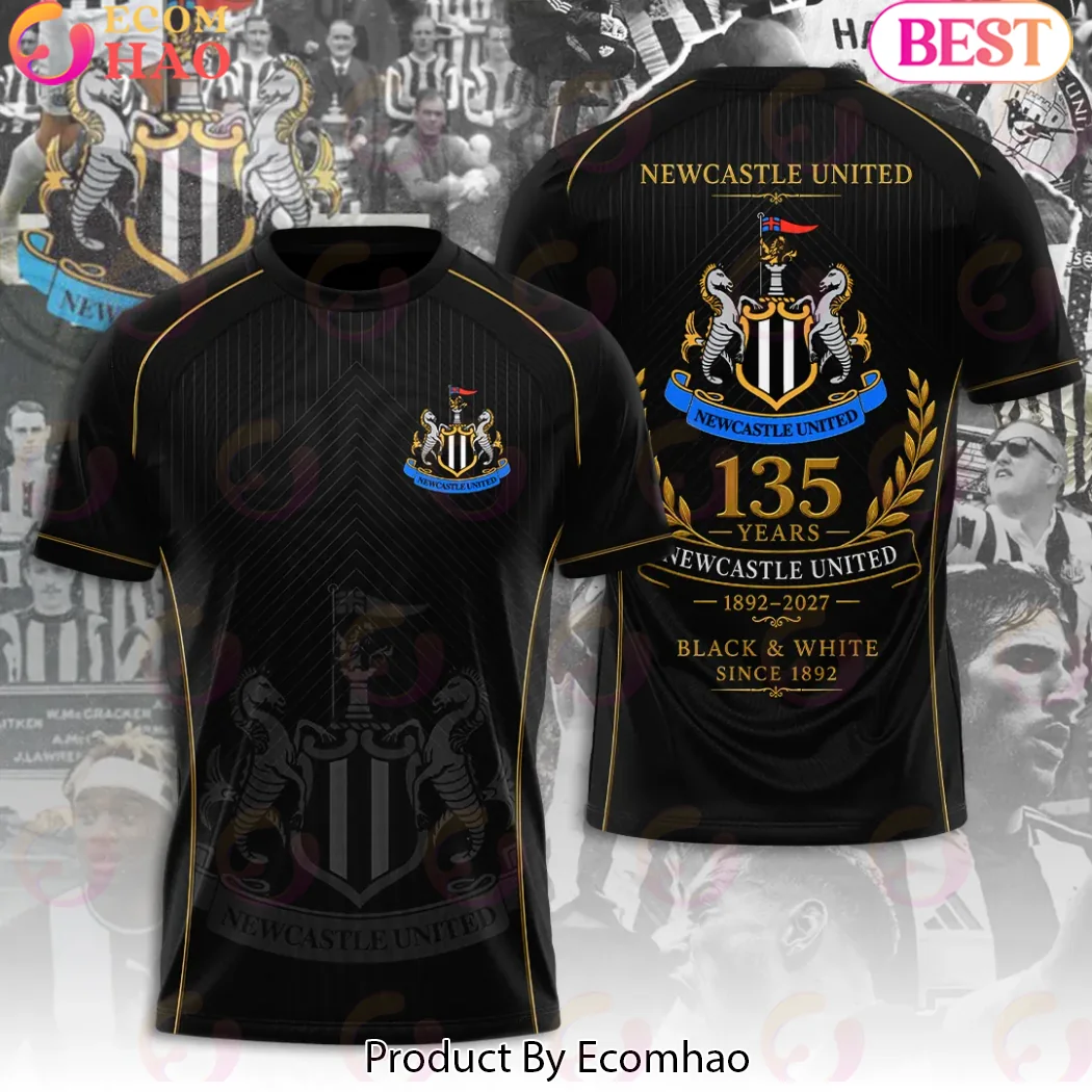 Newcastle United FC 135th Anniversary 1892-2027 Black and Gold Commemorative 3D T-Shirt Newcastle United FC 135th Anniversary 1892-2027 Black and Gold Commemorative 3D T-Shirt