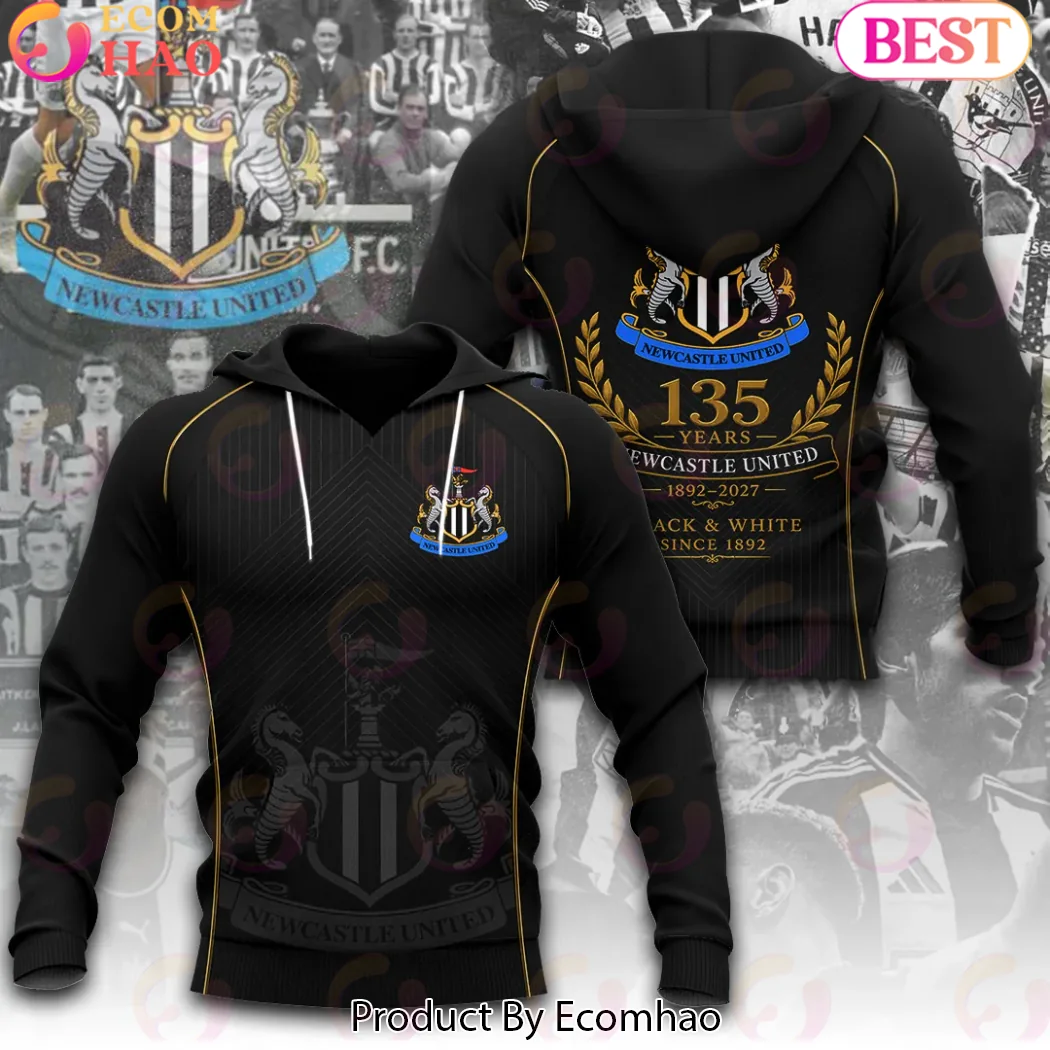 Newcastle United FC 135th Anniversary 1892-2027 Black and Gold Commemorative 3D T-Shirt Newcastle United FC 135th Anniversary 1892-2027 Black and Gold Commemorative 3D T-Shirt