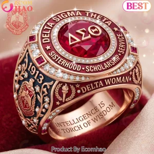 Delta Sigma Theta 1913 Sorority Crest Rose Gold Red Crystal Premium Ring