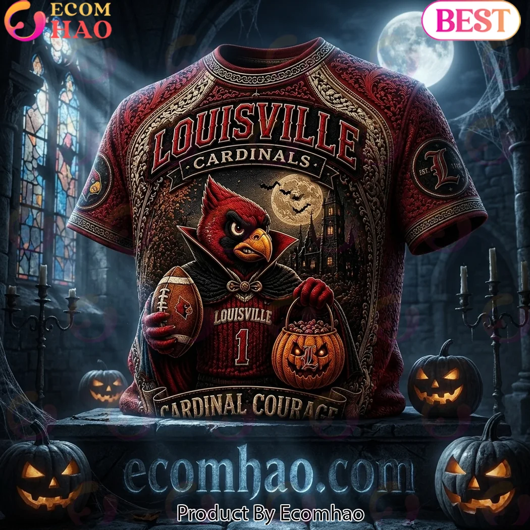 Louisville Cardinals NCAA Football Halloween Vampire Pumpkin Spooky 3D Embossed Style T-Shirt Louisville Cardinals NCAA Football Halloween Vampire Pumpkin Spooky 3D Embossed Style T-Shirt