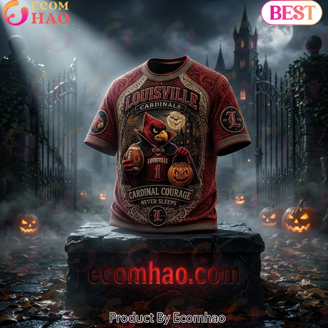 Louisville Cardinals NCAA Football Halloween Vampire Pumpkin Spooky 3D Embossed Style T-Shirt Louisville Cardinals NCAA Football Halloween Vampire Pumpkin Spooky 3D Embossed Style T-Shirt