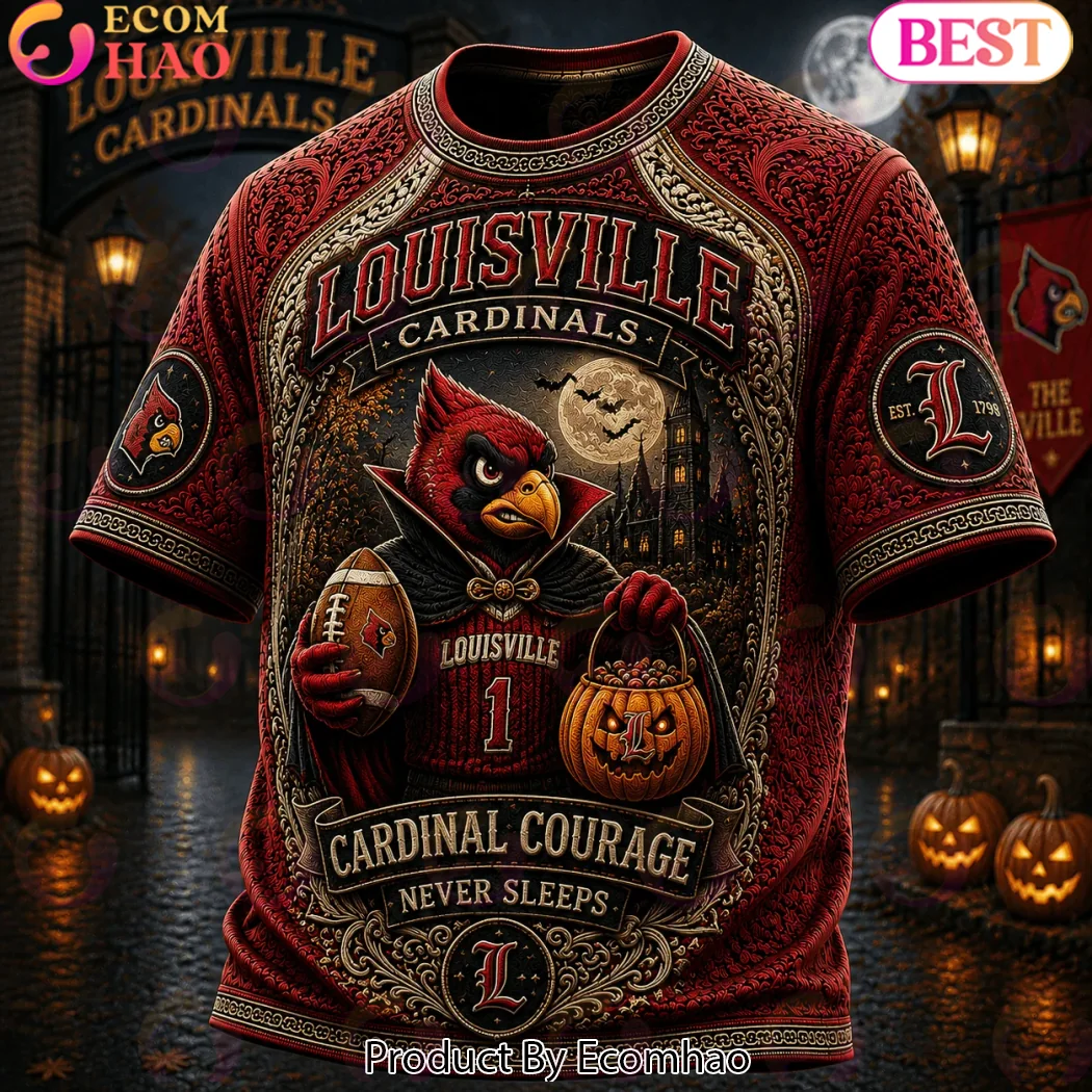 Louisville Cardinals NCAA Football Halloween Vampire Pumpkin Spooky 3D Embossed Style T-Shirt Louisville Cardinals NCAA Football Halloween Vampire Pumpkin Spooky 3D Embossed Style T-Shirt