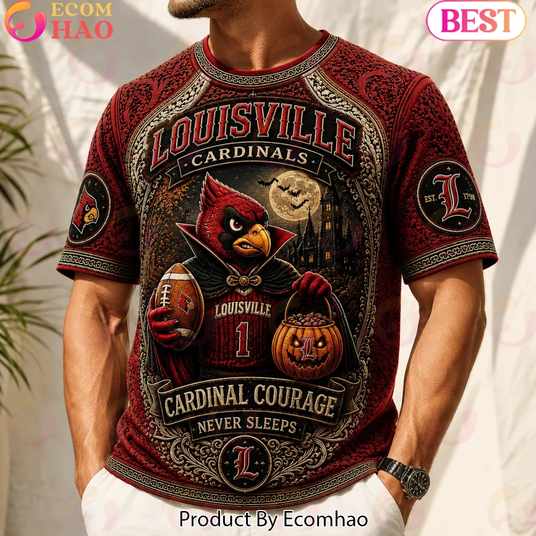 Louisville Cardinals NCAA Football Halloween Vampire Pumpkin Spooky 3D Embossed Style T-Shirt Louisville Cardinals NCAA Football Halloween Vampire Pumpkin Spooky 3D Embossed Style T-Shirt