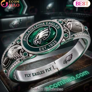 Philadelphia Eagles Est 1933 Fly Eagles Fly Luxury Silver Plated Green Crystal Bangle Bracelet