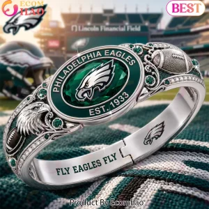 Philadelphia Eagles Est 1933 Fly Eagles Fly Luxury Silver Plated Green Crystal Bangle Bracelet
