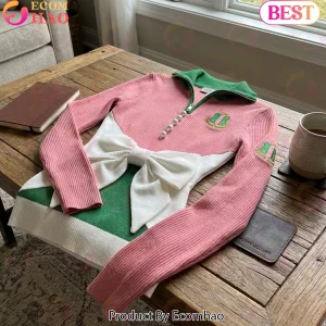 Alpha Kappa Alpha Premium Pink & Green Ribbed Knit Quarter-Zip Polo Sweater with Pearl & Bow Detail