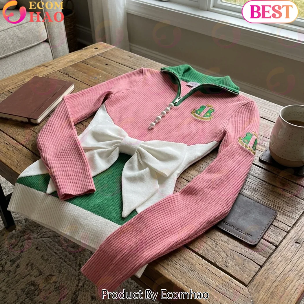 Alpha Kappa Alpha Premium Pink & Green Ribbed Knit Quarter-Zip Polo Sweater with Pearl & Bow Detail Alpha Kappa Alpha Premium Pink & Green Ribbed Knit Quarter-Zip Polo Sweater with Pearl & Bow Detail