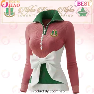 Alpha Kappa Alpha Premium Pink & Green Ribbed Knit Quarter-Zip Polo Sweater with Pearl & Bow Detail
