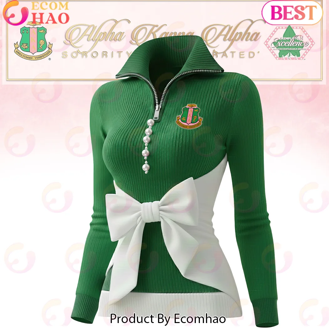Alpha Kappa Alpha Premium Pink & Green Ribbed Knit Quarter-Zip Polo Sweater with Pearl & Bow Detail Alpha Kappa Alpha Premium Pink & Green Ribbed Knit Quarter-Zip Polo Sweater with Pearl & Bow Detail