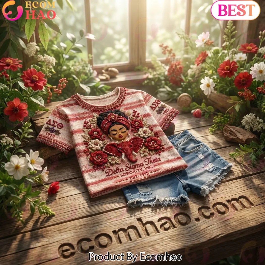 Delta Sigma Theta DST Sorority 1913 Red and White Striped 3D Floral Elephant Premium T-Shirt Delta Sigma Theta DST Sorority 1913 Red and White Striped 3D Floral Elephant Premium T-Shirt