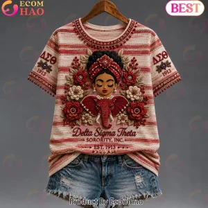 Delta Sigma Theta DST Sorority 1913 Red and White Striped 3D Floral Elephant Premium T-Shirt