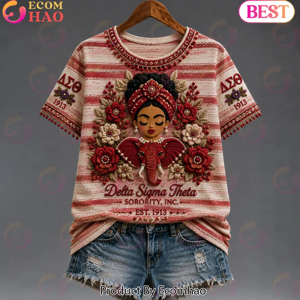 Delta Sigma Theta DST Sorority 1913 Red and White Striped 3D Floral Elephant Premium T-Shirt Delta Sigma Theta DST Sorority 1913 Red and White Striped 3D Floral Elephant Premium T-Shirt