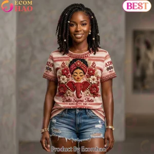 Delta Sigma Theta DST Sorority 1913 Red and White Striped 3D Floral Elephant Premium T-Shirt