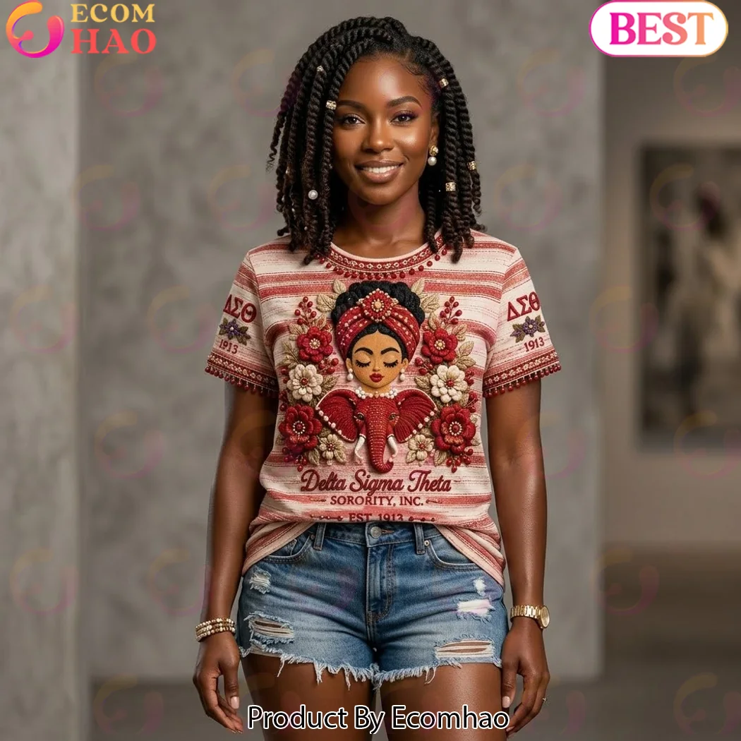 Delta Sigma Theta DST Sorority 1913 Red and White Striped 3D Floral Elephant Premium T-Shirt Delta Sigma Theta DST Sorority 1913 Red and White Striped 3D Floral Elephant Premium T-Shirt