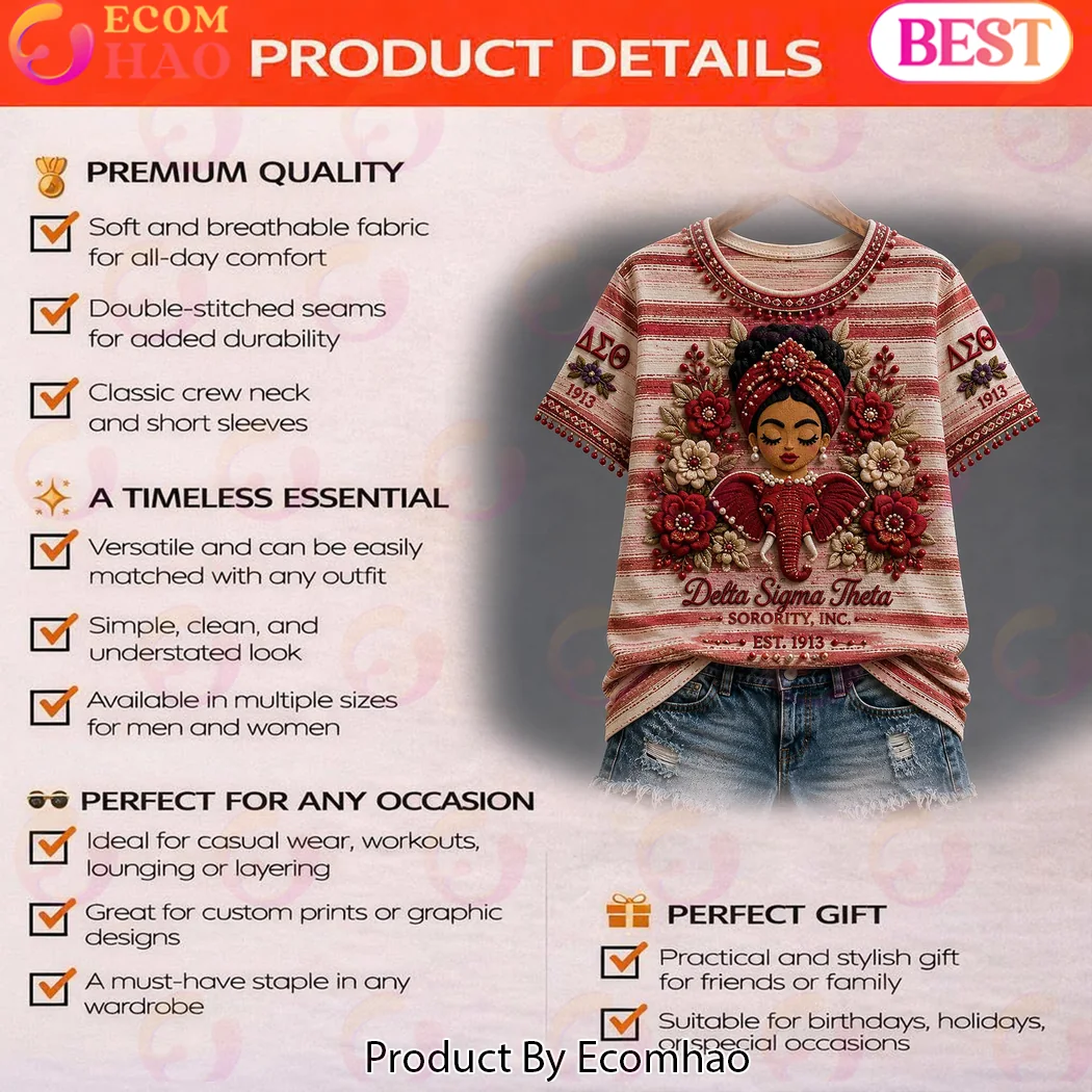 Delta Sigma Theta DST Sorority 1913 Red and White Striped 3D Floral Elephant Premium T-Shirt Delta Sigma Theta DST Sorority 1913 Red and White Striped 3D Floral Elephant Premium T-Shirt