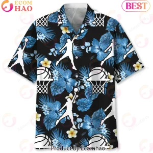 Basketball Player Dunk Silhouette Tropical Blue Floral Summer Casual Button Down Hawaiian Shirt