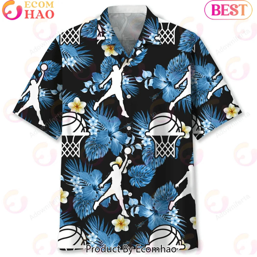Basketball Player Dunk Silhouette Tropical Blue Floral Summer Casual Button Down Hawaiian Shirt Basketball Player Dunk Silhouette Tropical Blue Floral Summer Casual Button Down Hawaiian Shirt