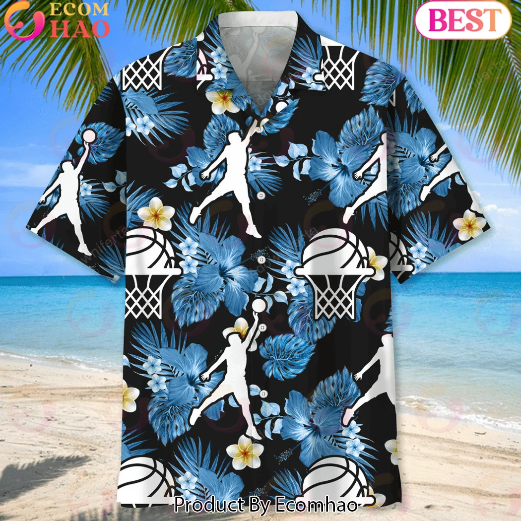 Basketball Player Dunk Silhouette Tropical Blue Floral Summer Casual Button Down Hawaiian Shirt Basketball Player Dunk Silhouette Tropical Blue Floral Summer Casual Button Down Hawaiian Shirt
