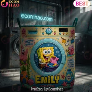 Personalized SpongeBob SquarePants Cartoon Washing Machine Custom Name Quilted Laundry Basket