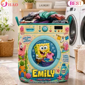 Personalized SpongeBob SquarePants Cartoon Washing Machine Custom Name Quilted Laundry Basket