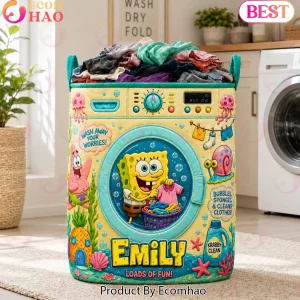 Personalized SpongeBob SquarePants Cartoon Washing Machine Custom Name Quilted Laundry Basket