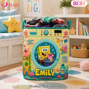 Personalized SpongeBob SquarePants Cartoon Washing Machine Custom Name Quilted Laundry Basket