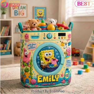 Personalized SpongeBob SquarePants Cartoon Washing Machine Custom Name Quilted Laundry Basket
