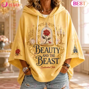 Beauty and the Beast Enchanted Rose Embroidered Yellow Oversized Short Sleeve Hoodie