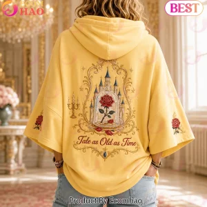 Beauty and the Beast Enchanted Rose Embroidered Yellow Oversized Short Sleeve Hoodie